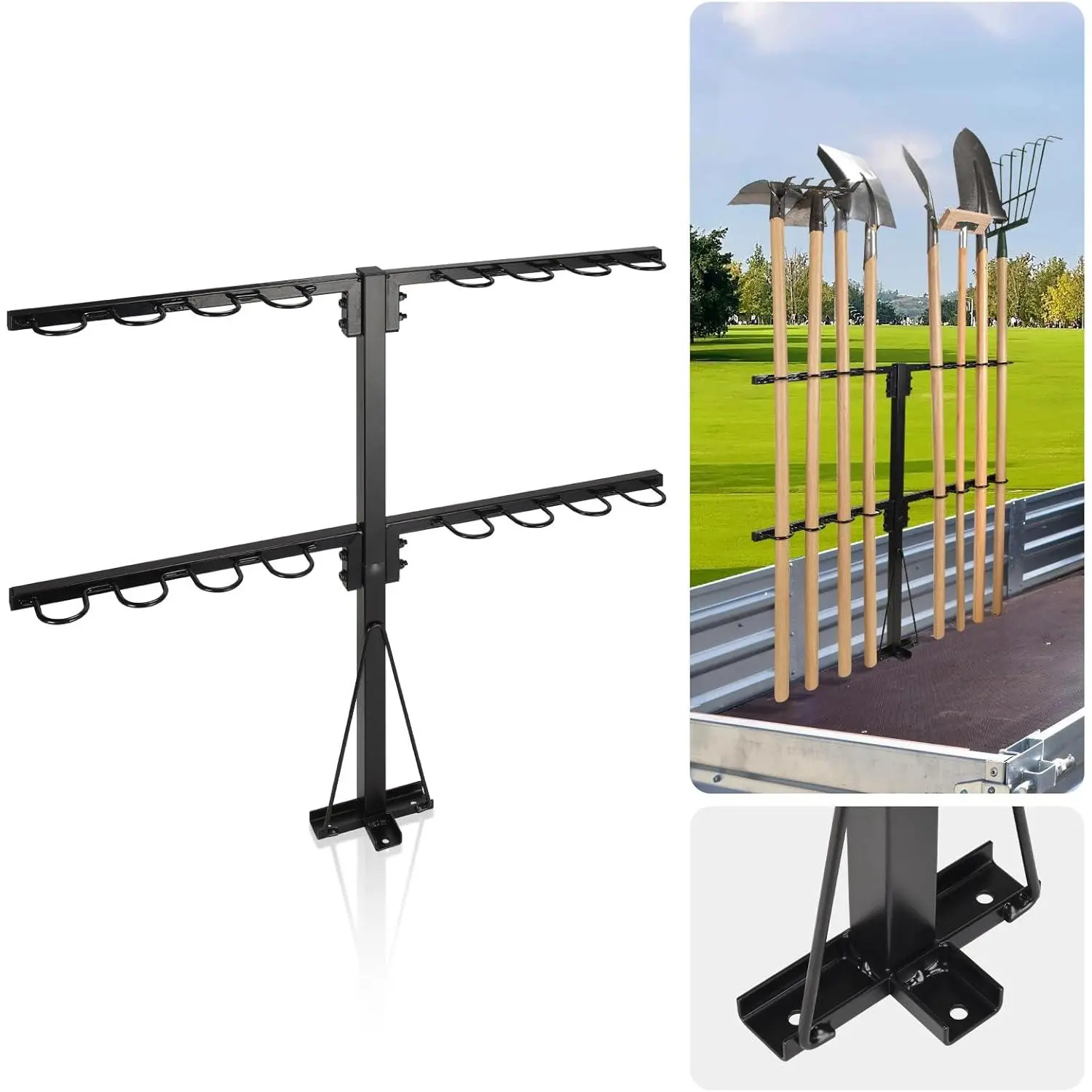 Upgraded Utility Trailer Accessories Trailer Tool Rack with 8 Tool Holes, Heavy-Duty Landscape Accessories Reinforced Base Shovel Holder Handle Tool Rack for Truck