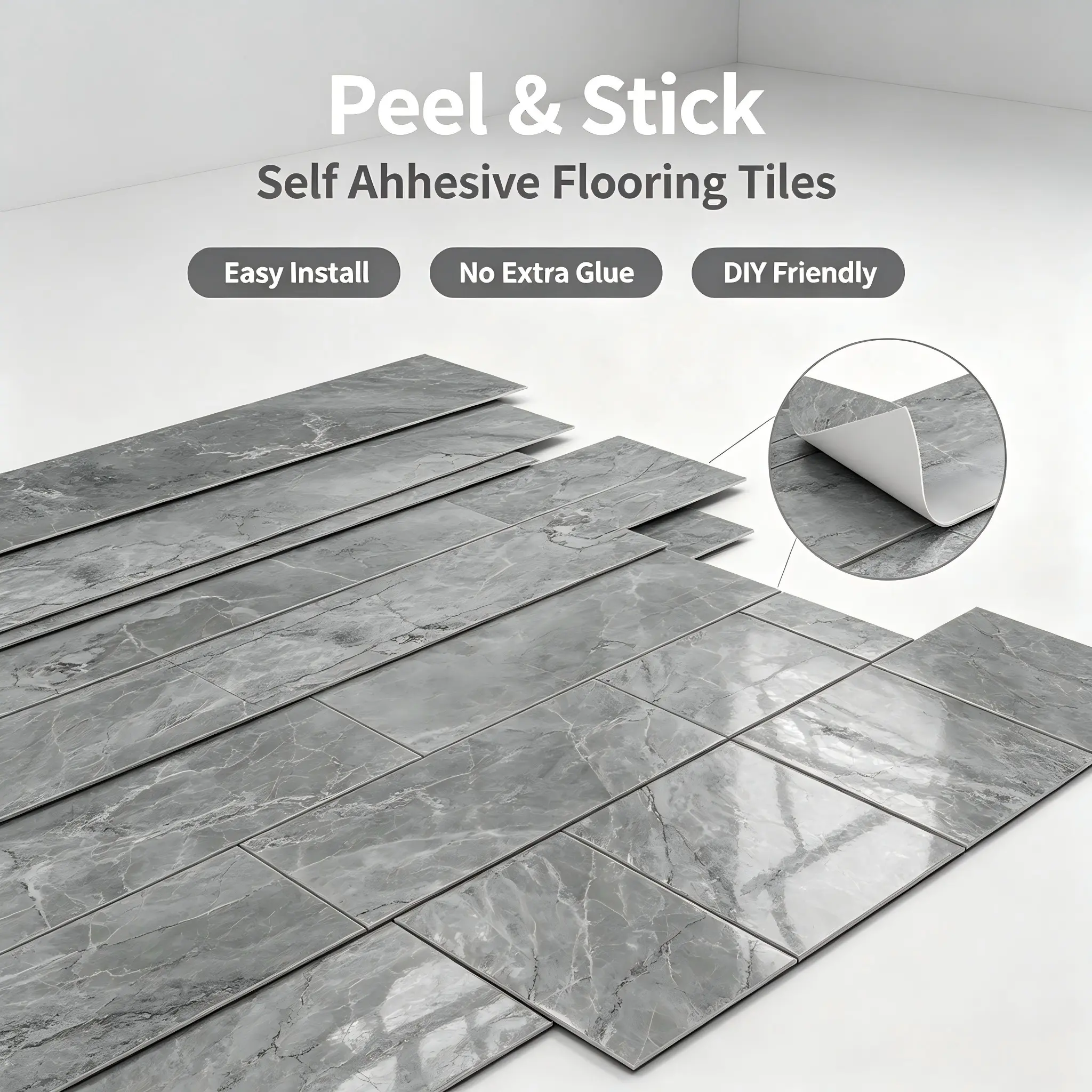 12pcs Realistic Grey Marble Self-Adhesive Floor Planks, Peel & Stick Waterproof Vinyl Flooring, Easy DIY Removable Floor Stickers, Peel And Stick Floor Tiles for Home & Camper Renovation