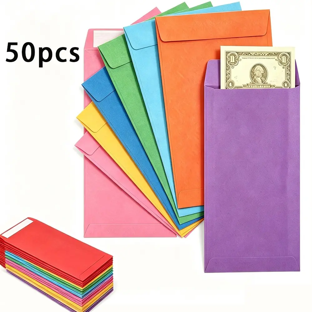 50pcs Thick Self-Seal Colorful Cash Envelopes, Colored Kraft Paper Envelopes for Wages, Savings, Coins, Bills, Letters, Random Colors