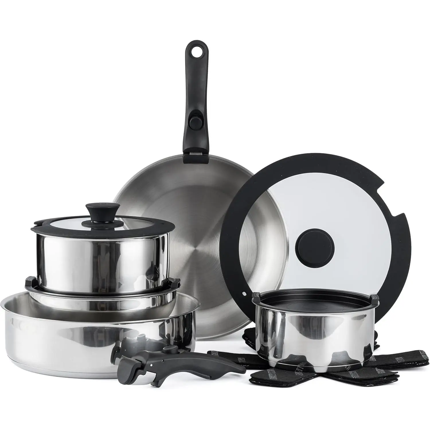 Country Kitchen Cookware Set with Removable Handle, Oven & RV Safe Pots and Pans Set, Stainless Steel, Original