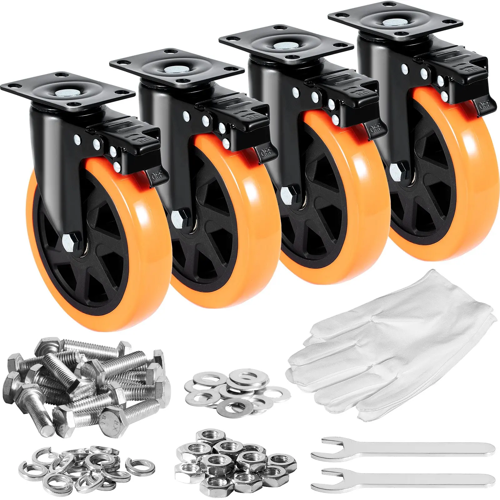 【Summerfinds】VEVOR Caster Wheels, 6-inch Swivel Plate Casters, Set of 4, with Security A/B Locking No Noise PVC Wheels, Heavy Duty 700 lbs Load Capacity Per Caster, Non-Marking Wheels for Cart Furniture Workbench