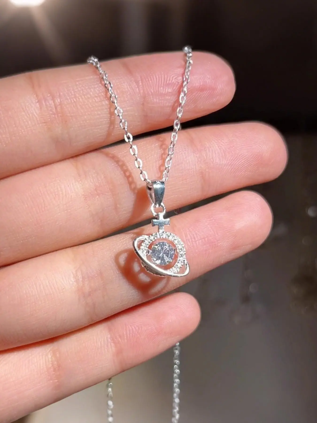 Elegant Women's Planet Pendant Necklace, Zircon-Embedded Silver Color Chain, Boho Style, Perfect Gift for Birthdays and Anniversaries