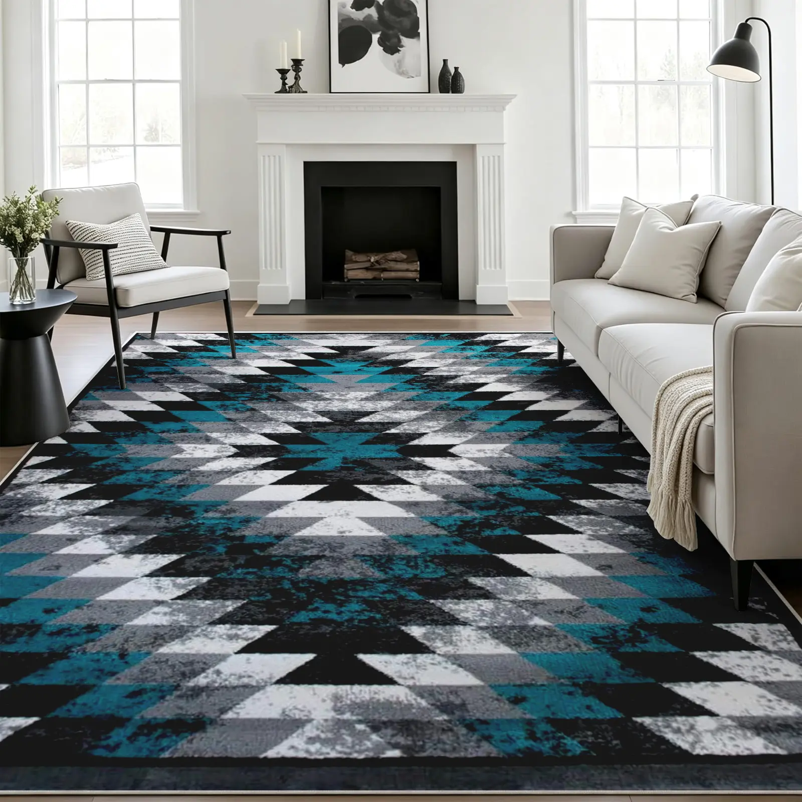 1pc 8x10ft Southwestern Aztec Area Rug, Black and Teal Distressed Geometric Carpet, Soft, Non-Slip, Machine-Washable Floor Covering, Stain-Resistant, Low-Pile Rug, Aesthetic Decor for Living Room and Bedroom (Various Sizes)