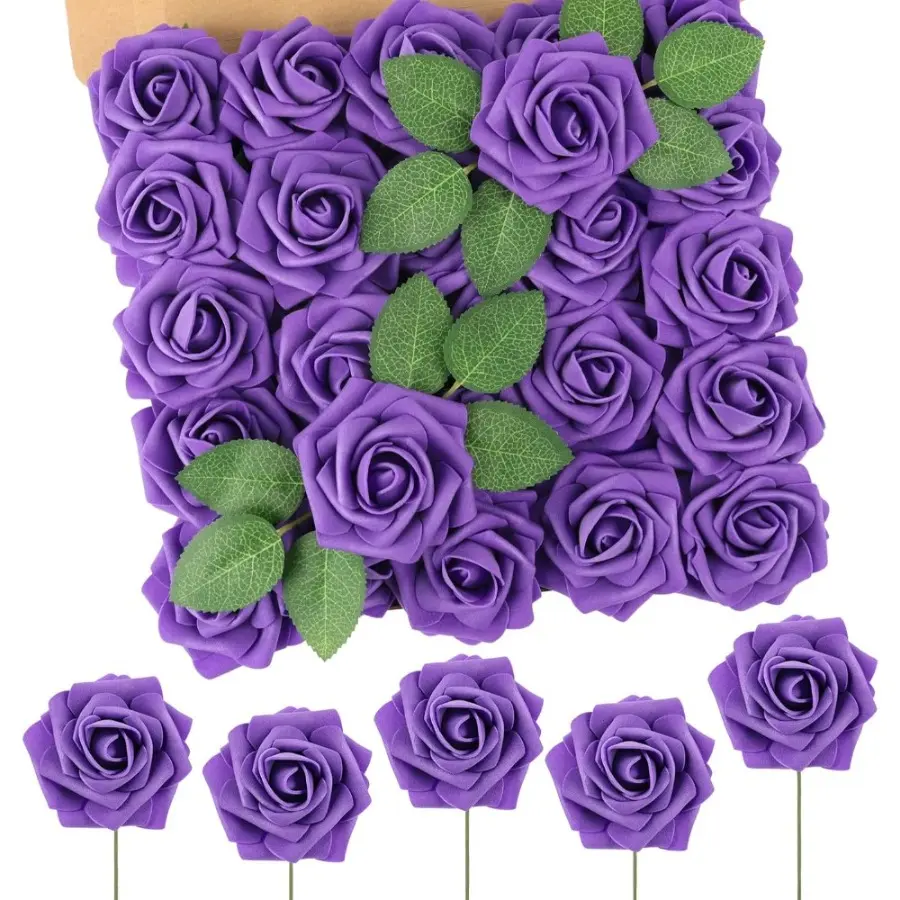 50pcs Purple Foam Roses with Stems - 8.5" Tall, 4pcs Rose Leaves, Fade Resistant, Long-Lasting, Injection Molding, Screen Printing, 3D Printing, for Wedding Bridal Bouquets, Home Decor, Party Flower Supplies, 50Pcs Purple Roses