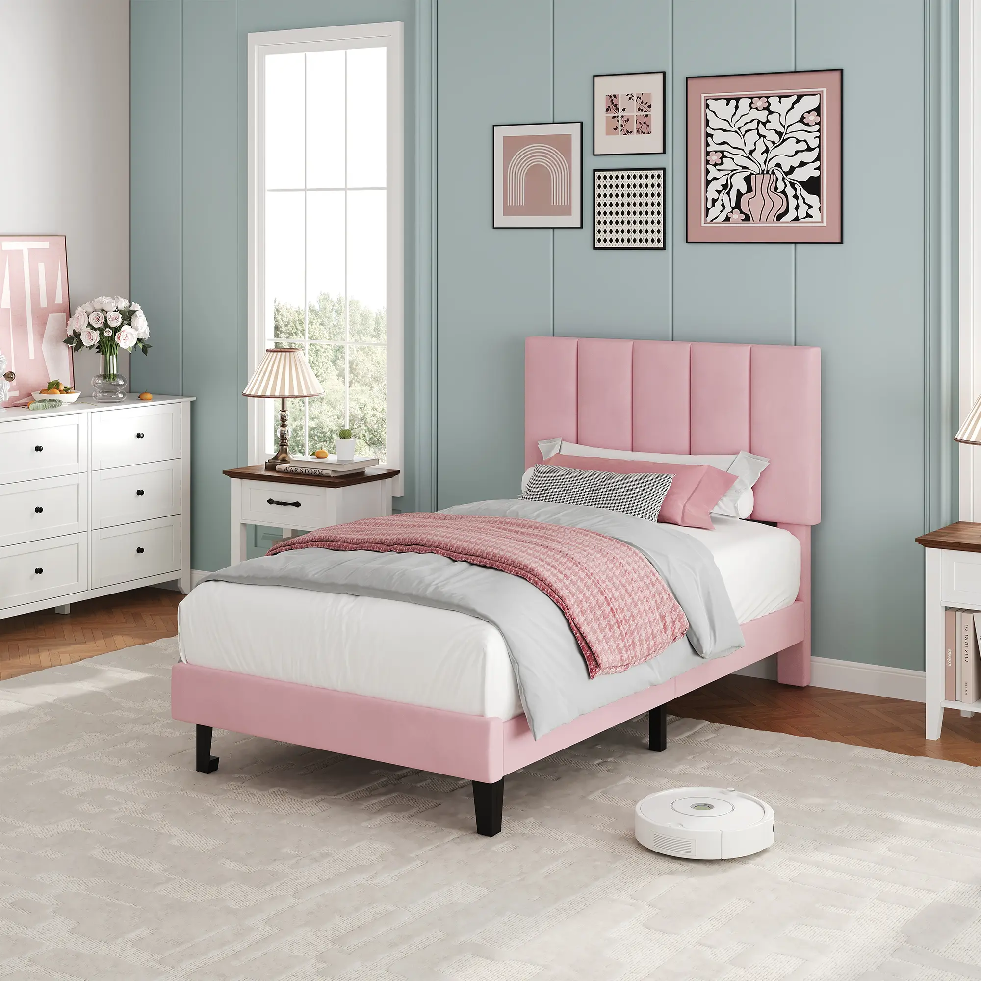 Modern Velvet Upholstered Platform Bed Frame - Adjustable Vertical Channel Tufted Headboard - Sturdy Noise-Free Wooden Slats - Easy Assembly - Twin/Full/Queen Size Bedroom Furniture