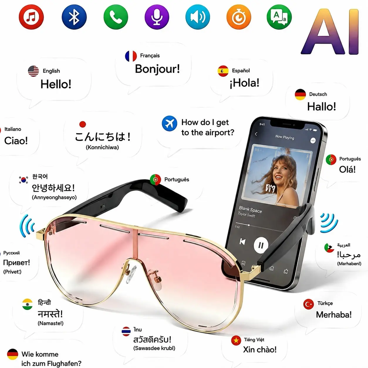 AI Bluetooth Multifunctional smart glasses, Smart Audio Glasses, supporting APP translation in multiple languages, UV protection, automatic in ear detection switch, sun protection sunglasses, sweat proof, travel, navigation, cycling, business
