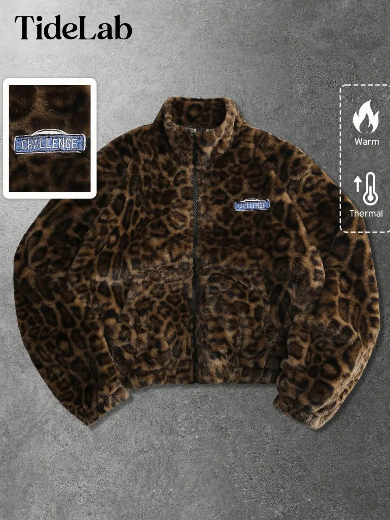 TideLab Leopard Print Faux Fur Jacket Women Men Oversized Full Zip Stand Collar Fluffy Plush Y2K Streetwear Warm Winter Thermal Loose Outerwear