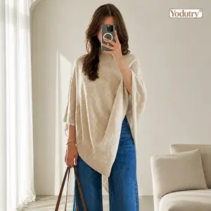 Yodutry | Womens Elegant Mock Neck Poncho Sweater, Ultra-Soft Asymmetric Knit Cape, Stylish Side Slit Pullover Shawl for Daily Wear & Game Day Watch Parties