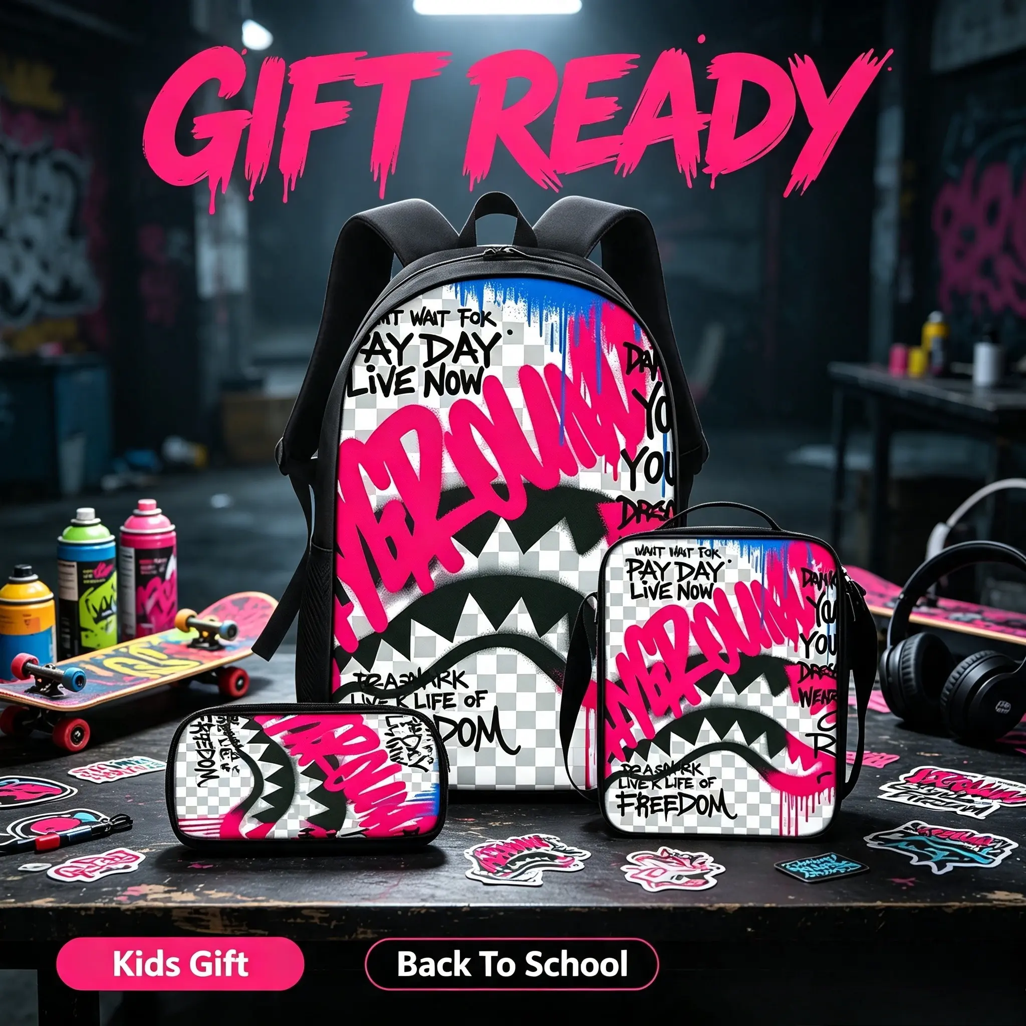 Graffiti Shark 3-Piece Backpack Set—includes a street-art-style backpack, lunch bag, and pencil case. Made from Oxford fabric and featuring adjustable shoulder straps, this set is perfect for teens and children—a back-to-school essential. bookbag