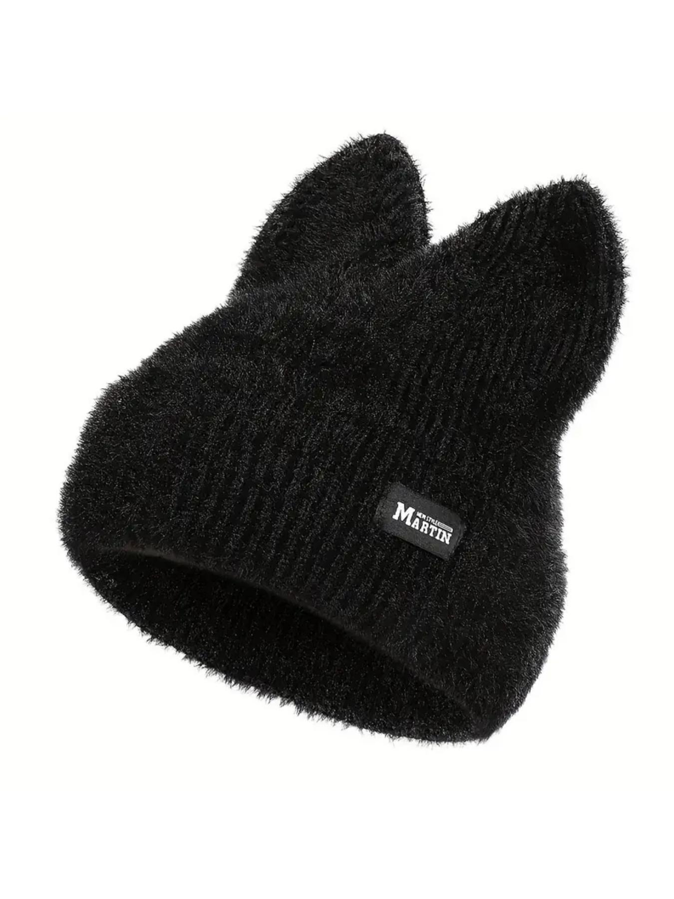 Cute Cat Ear Design Beanie Hat, Casual Solid-Color Knit Hat for Fall and Winter, Warm Pull-On Stretchy Knit Cap for Outdoor Activities