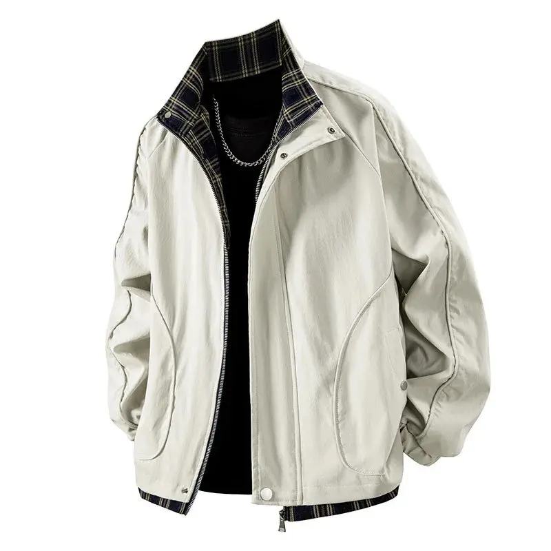 Men's Classic Japanese Style Jacket, Long Sleeve Stand Collar Coats with Plaid Lining, Casual Spring Autumn Menswear, Stylish, Tops, Curved Pockets