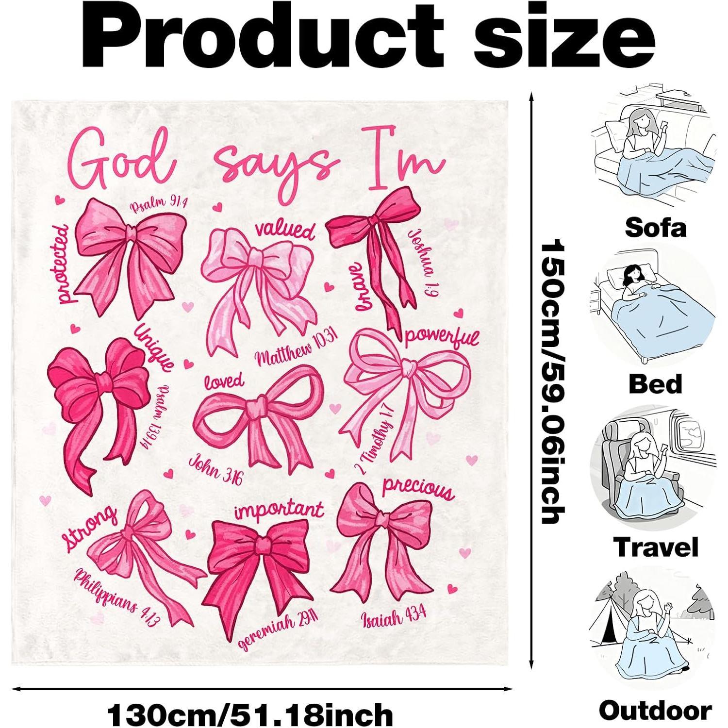 Pink Bow Christian Throw Blanket – "God Says I Am" Bible Verse Flannel Blanket – Coquette Style Inspirational Gift for Women, Girls, Daughter – Jesus Faith Prayer Blanket for Home, Sofa, Bedroom – Religious Decor for Christian Girls