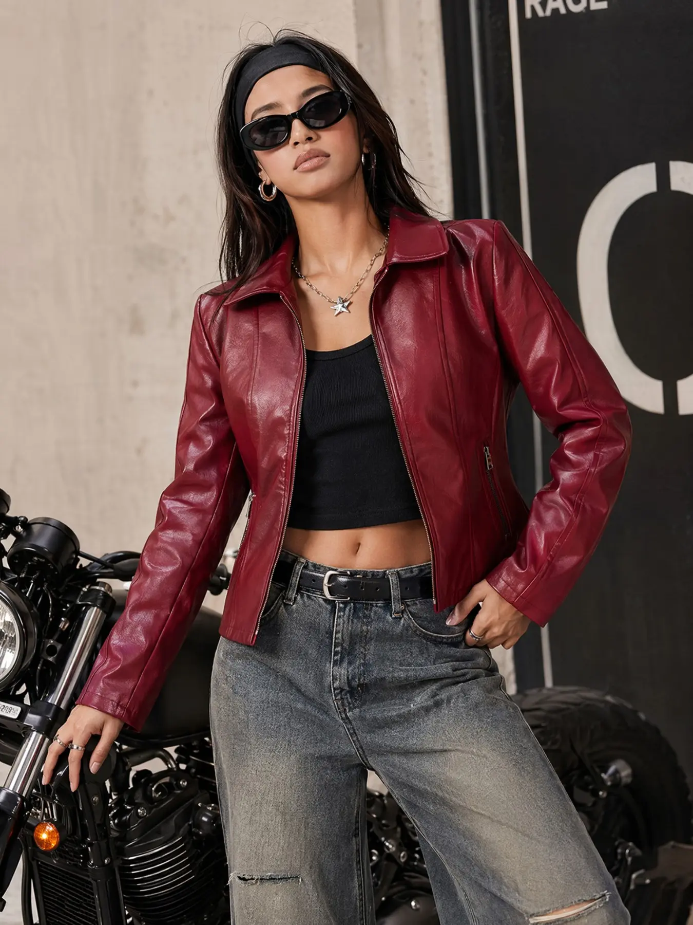 Women Burgundy Faux Leather Moto Jacket, Slim Fit Long Sleeve Lapel Design, Casual Streetwear Chic Style, All-Season Outerwear