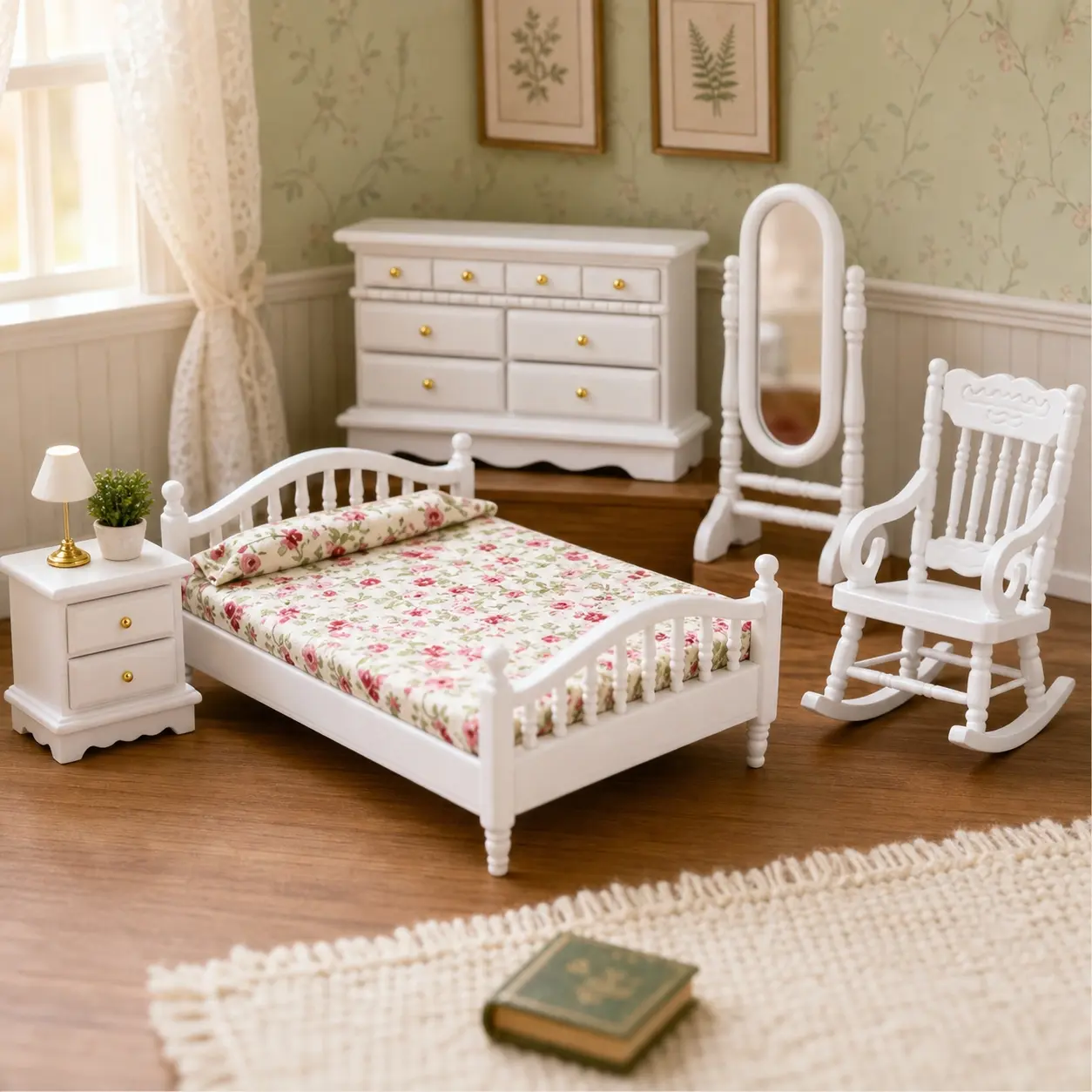 Miniature Dollhouse White Bedroom Furniture 5-Piece Set, Double Bed, Dresser, Full-Length Mirror, Nightstand and Rocking Chair