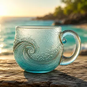 Handmade Sea Glass Wave Coffee Mug – 12 oz (300ml) Handblown Ocean Wave Glass Cup, Sky Blue Frosted Beach-Themed Drinkware for Tea, Wine, Coastal Home Decor Accent & Gift