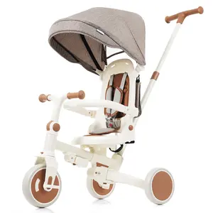 Aobtkel®7 in 1 Baby Tricycle, Foldable Toddler Tricycle with Removable and Adjustable Parent Handle, Toddler Push Bike with Removable Pedal, Canopy, and Guardrail, Tricycle for 12-72 Months, ivory and brown