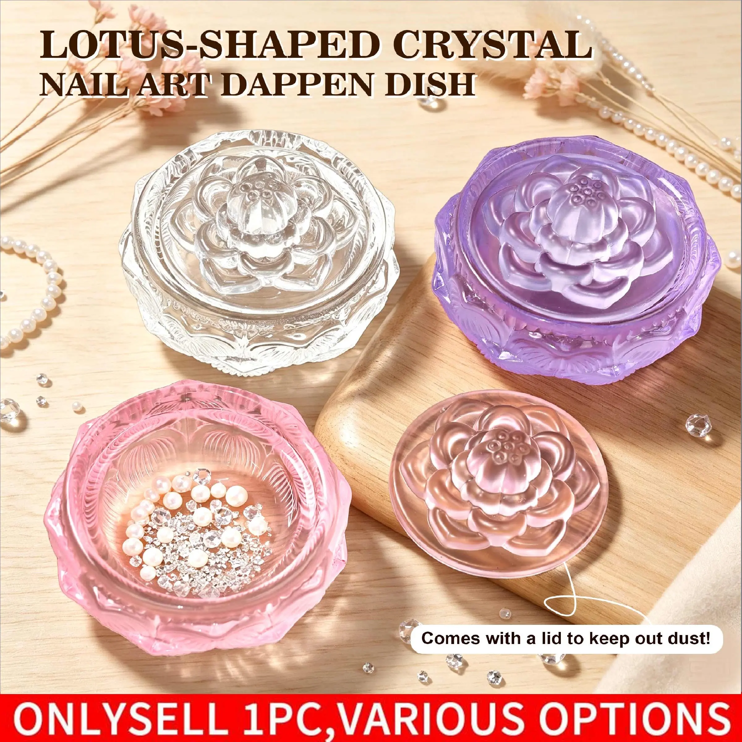 Lotus‑Shaped Crystal Nail Dappen Dish with Lid, Glass Nail Art Liquid Cup, Acrylic Powder Holder Container for Monomer Liquid, Nail Crystal Rhinestone Storage Box, Salon Home Manicure Tool