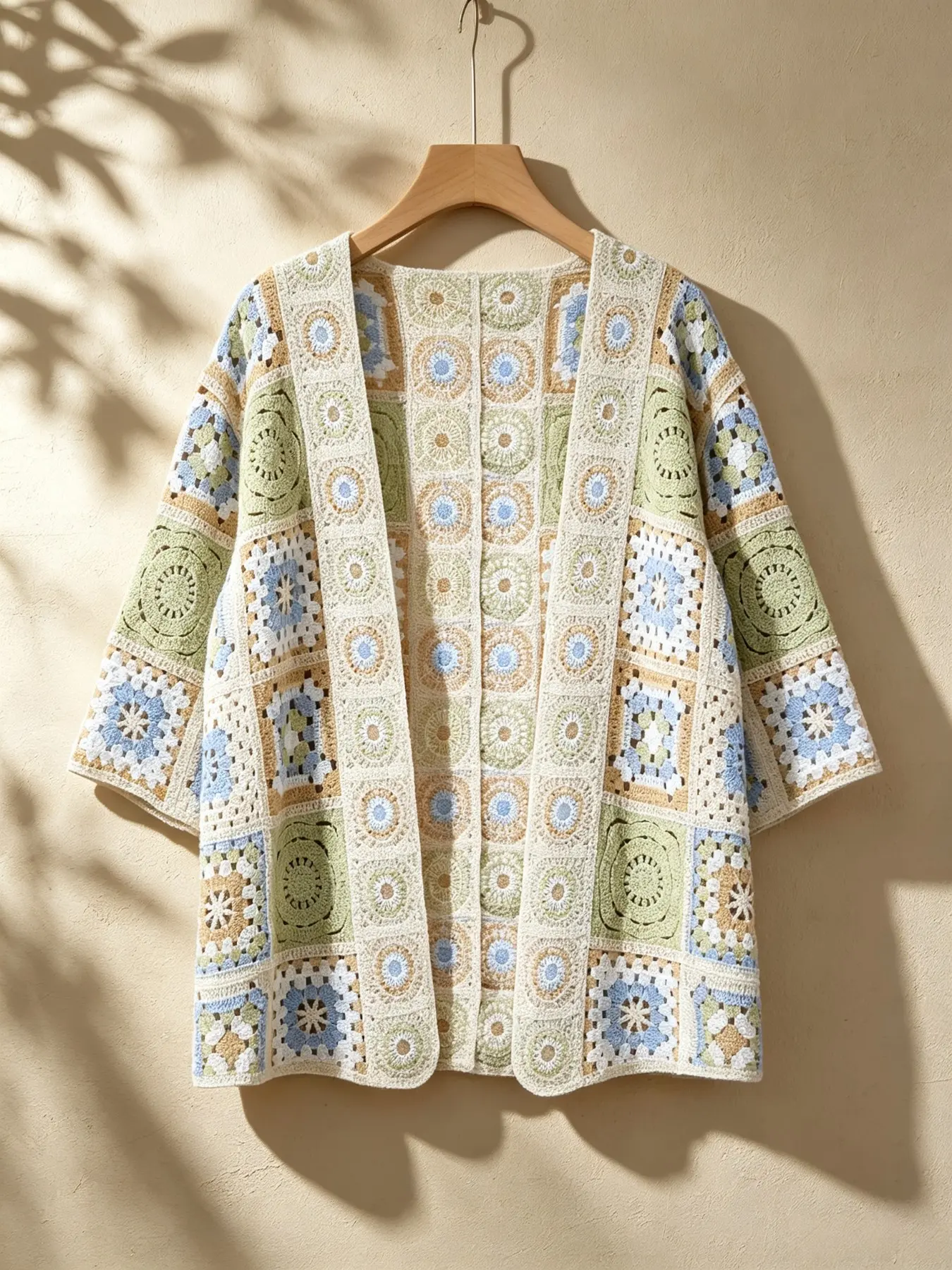 Boho Loose Granny-Square Patchwork Crochet Cardigan, 3/4 Sleeve Acrylic Knit, Open-Front Light-Warm Outerwear, Casual Fall/winter Style