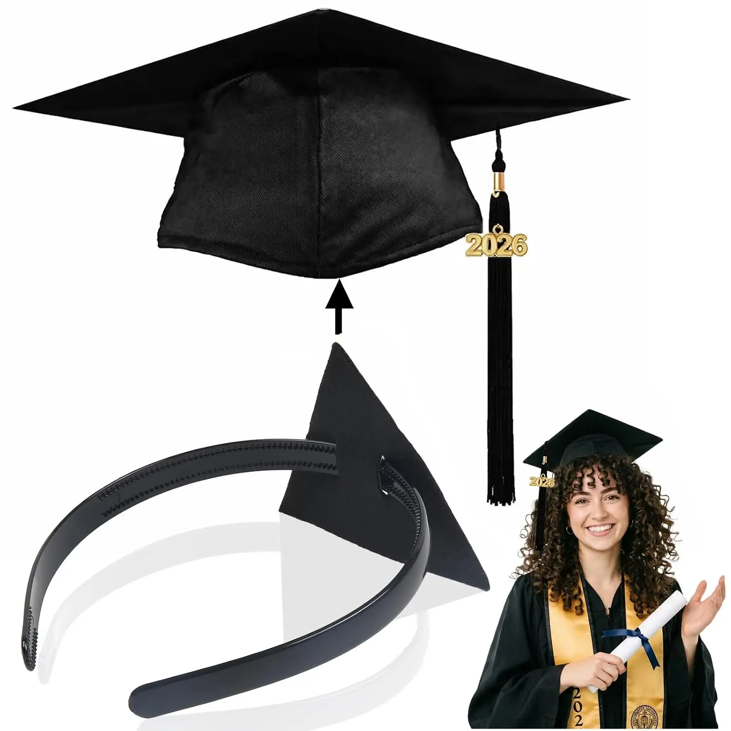 Graduation Cap Headband Insert for Hair, Secure Fit Grad Cap  Band for Curly and Thick  Hair, No-Slip Headband for Graduation Caps for Women and Men, Black