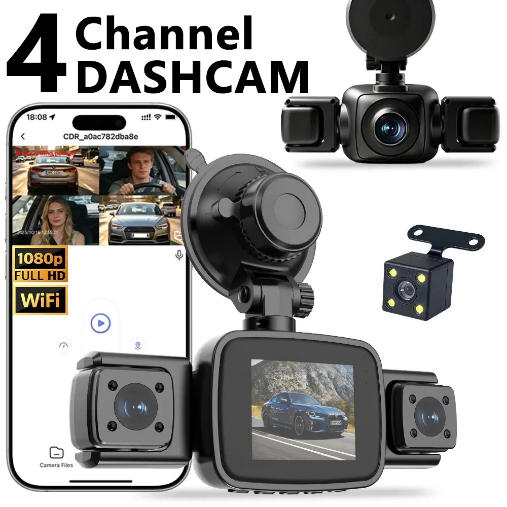 4-Channel Dash Cam with 2.0" Screen, 1080P Resolution, WiFi Connectivity, Voice Recording, Night Vision, Front-Back Cameras, Loop Recording Function