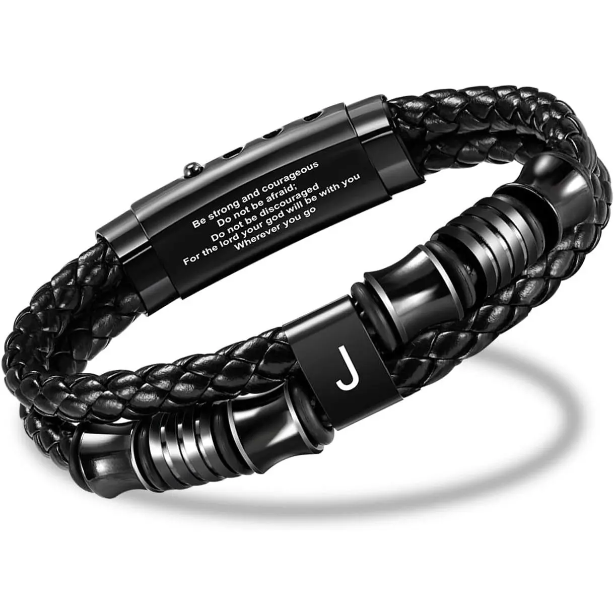 Men's Initial Leather Bracelet, Woven Band with Adjustable Stainless Steel Buckle, Engraved Courage Quote Jewelry - Birthday Gifts for Him