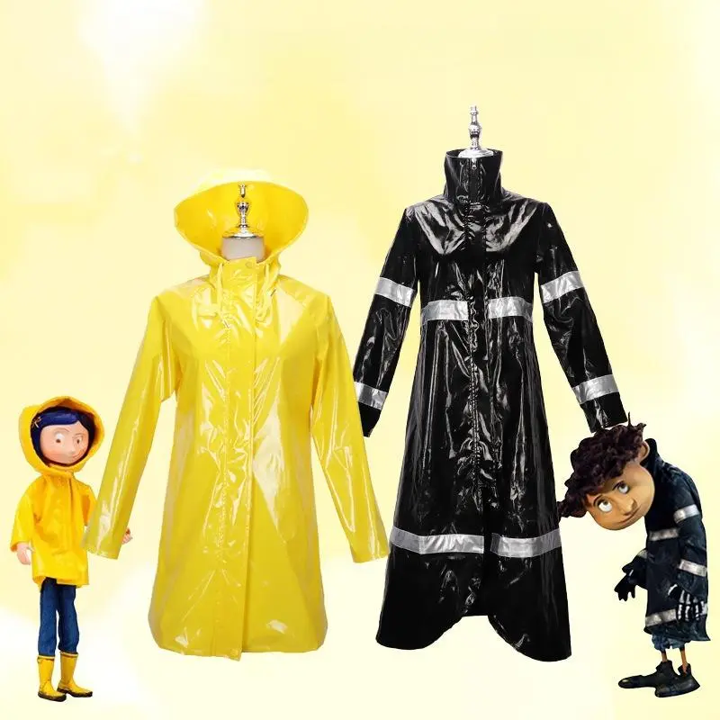 Adult Coraline Wybie Cosplay Costume Set - Blue Suit, Yellow Raincoat, Wig, Gloves, Hair Clip for Halloween Dress-Up Parties (Caroline Themed Anime Cartoon Outfit)