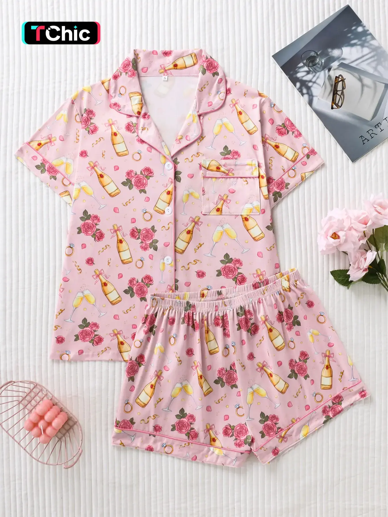 Women's Sweet Rose Wine Bottle Full-Print Pajama Set, Premium Smooth Fabric, Skin-Friendly Comfort, Loose Fit Button-Up Top and Shorts