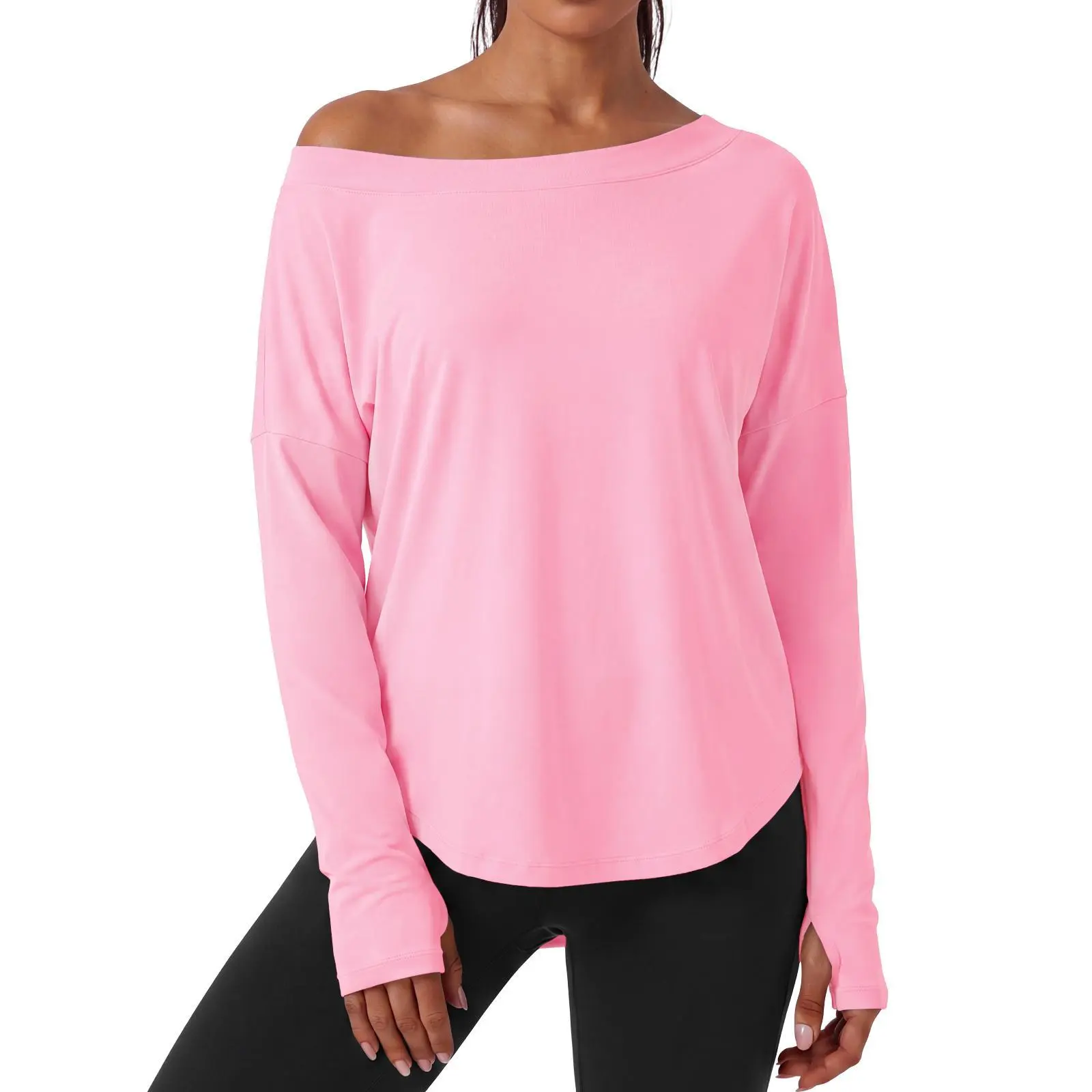 Aoysky Women's Workout Top, Loose-Fit Off-Shoulder Long Sleeve with Thumb Holes, Lightweight Polyamide Blend for Yoga & Hike, Machine Wash, Medium Length, Workout Tops, Loose-Fit Cut