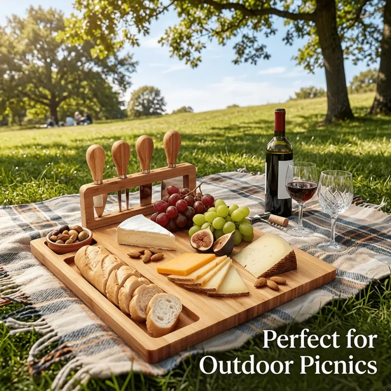 5-in-1 Bamboo Platter Set, Large Cheese Board Tray. Suitable for meat, fruits and crackers. Perfect gift for housewarming, weddings, parties and date nights. Durable cheese cutting board for kitchen, picnic, RV travel, anniversaries and birthday banquets.