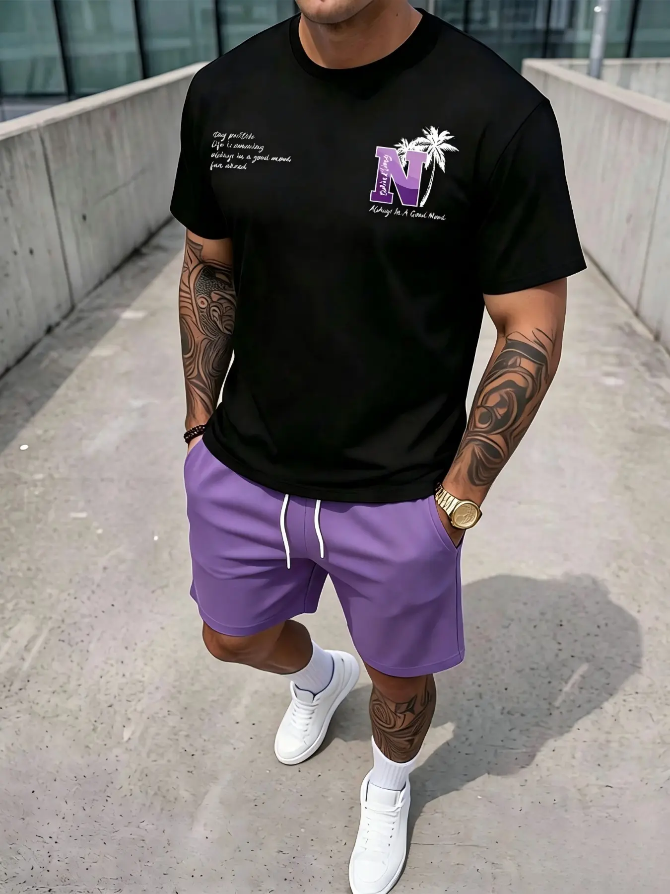 Men's Short Sleeve Shirt and Shorts Set, Summer Casual Printed T-Shirt and Drawstring Gym Shorts, Two-Piece for Men