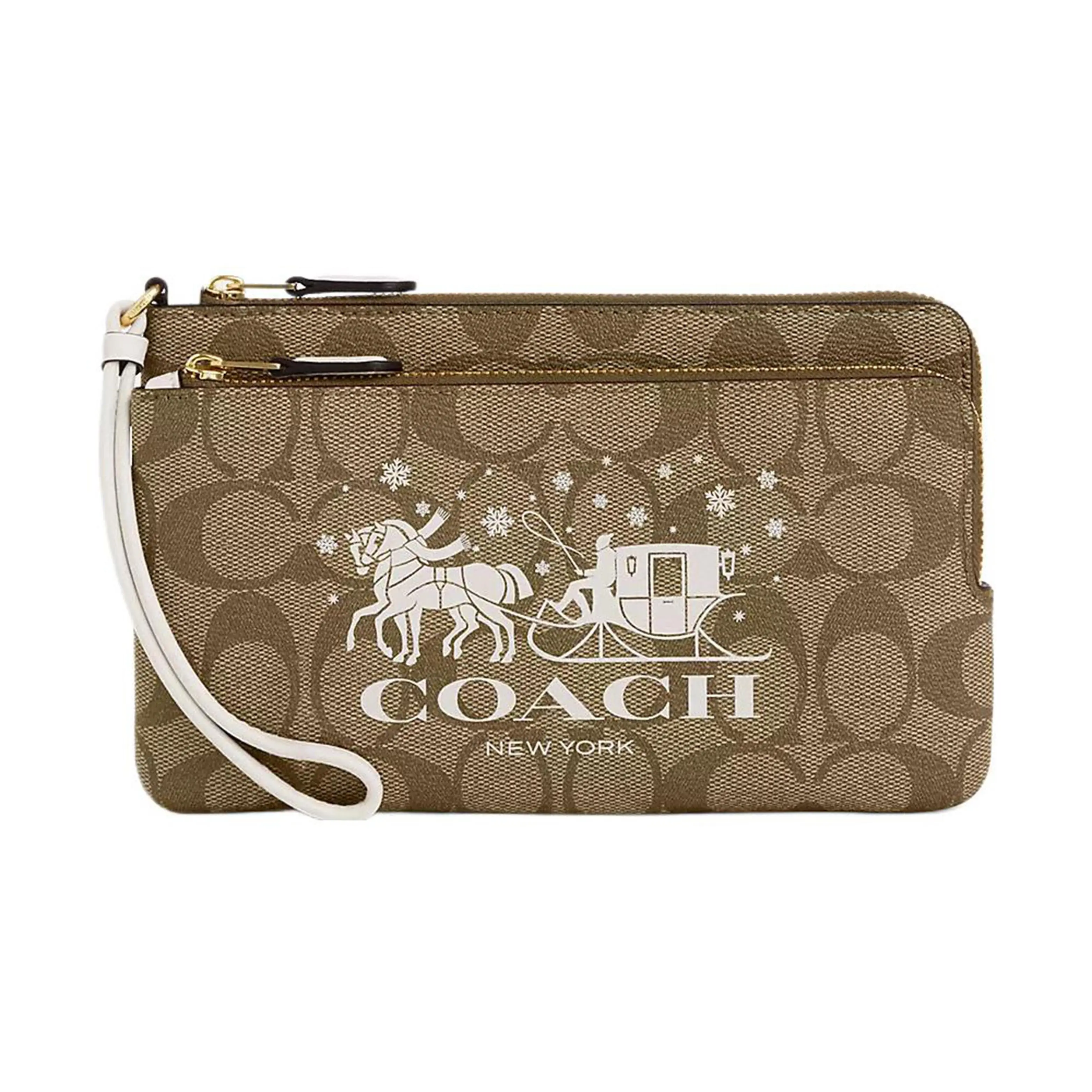 Coach Double Zip Wallet for Women – Classic Monogram Canvas and Leather Wristlet in Khaki and Chalk