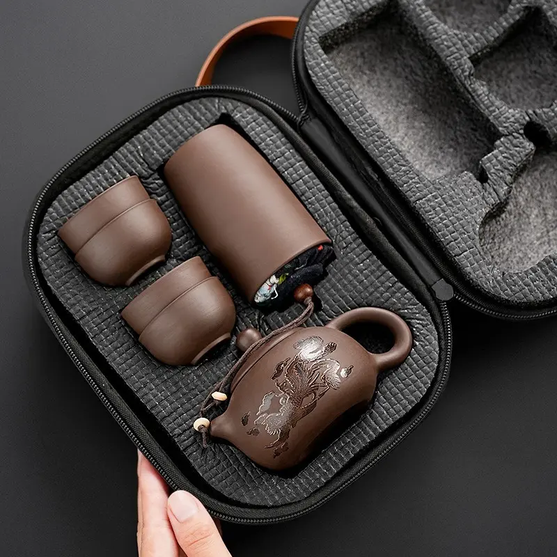 Purple Clay Travel Tea Set One Pot Four Cups Outdoor Portable Storage Fast Guest Cup Gongfu Small Gift Tea Pot Sets