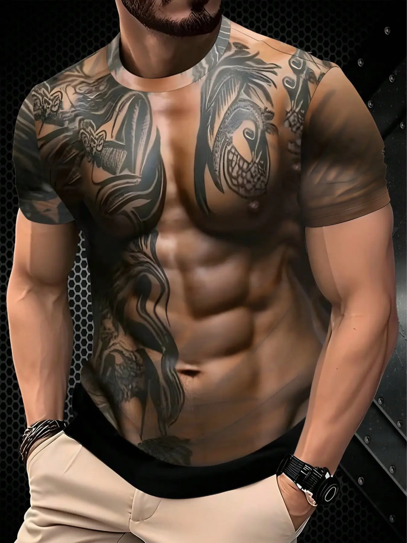 Men's Creative Tattoo Print Short Sleeve T-Shirt, 3D Visual Fake Tattoo, Casual Summer Round Neck, Loose Fit, All Seasons