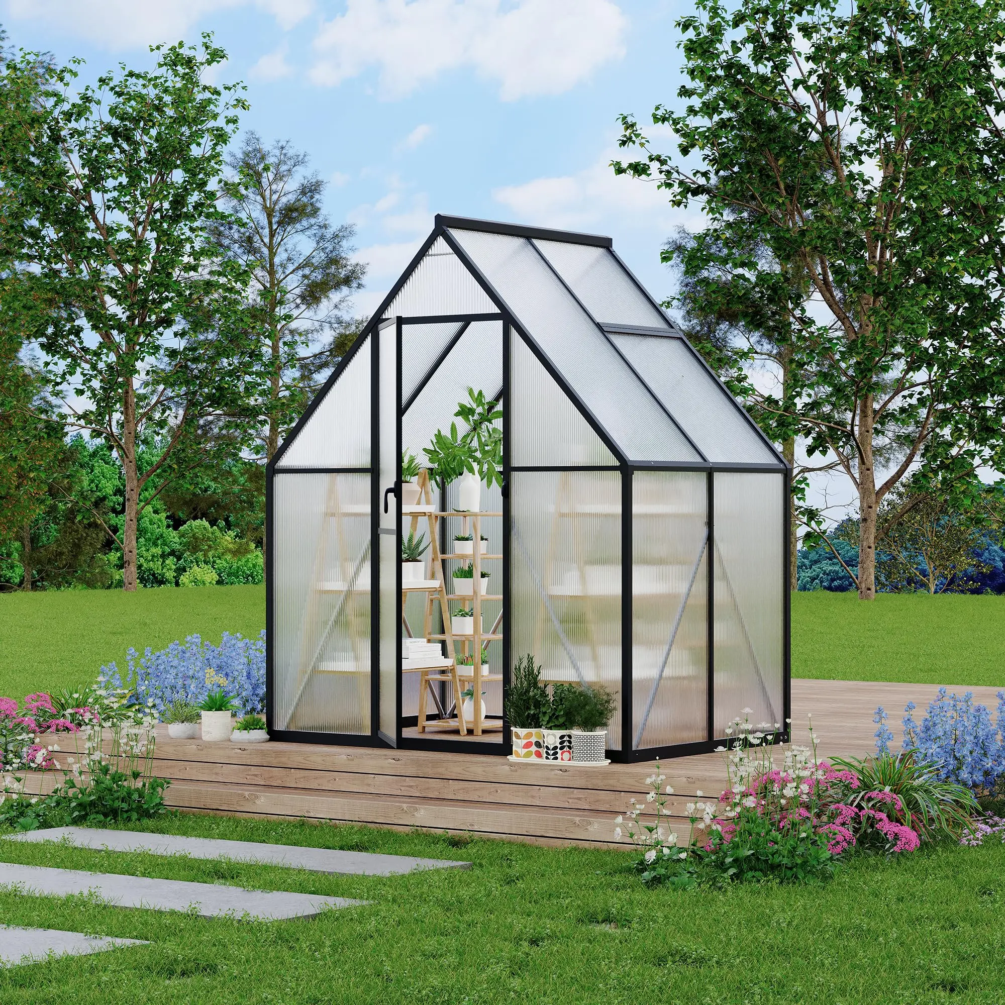 Heavy Duty Aluminum Polycarbonate Walk-In Greenhouse for Outdoors – Quick Setup Structure – Roof Vent & Rain Gutter – Large 6x4 FT Garden Greenhouse Kit for Backyard Patio Winter Plants, Black/Silver
