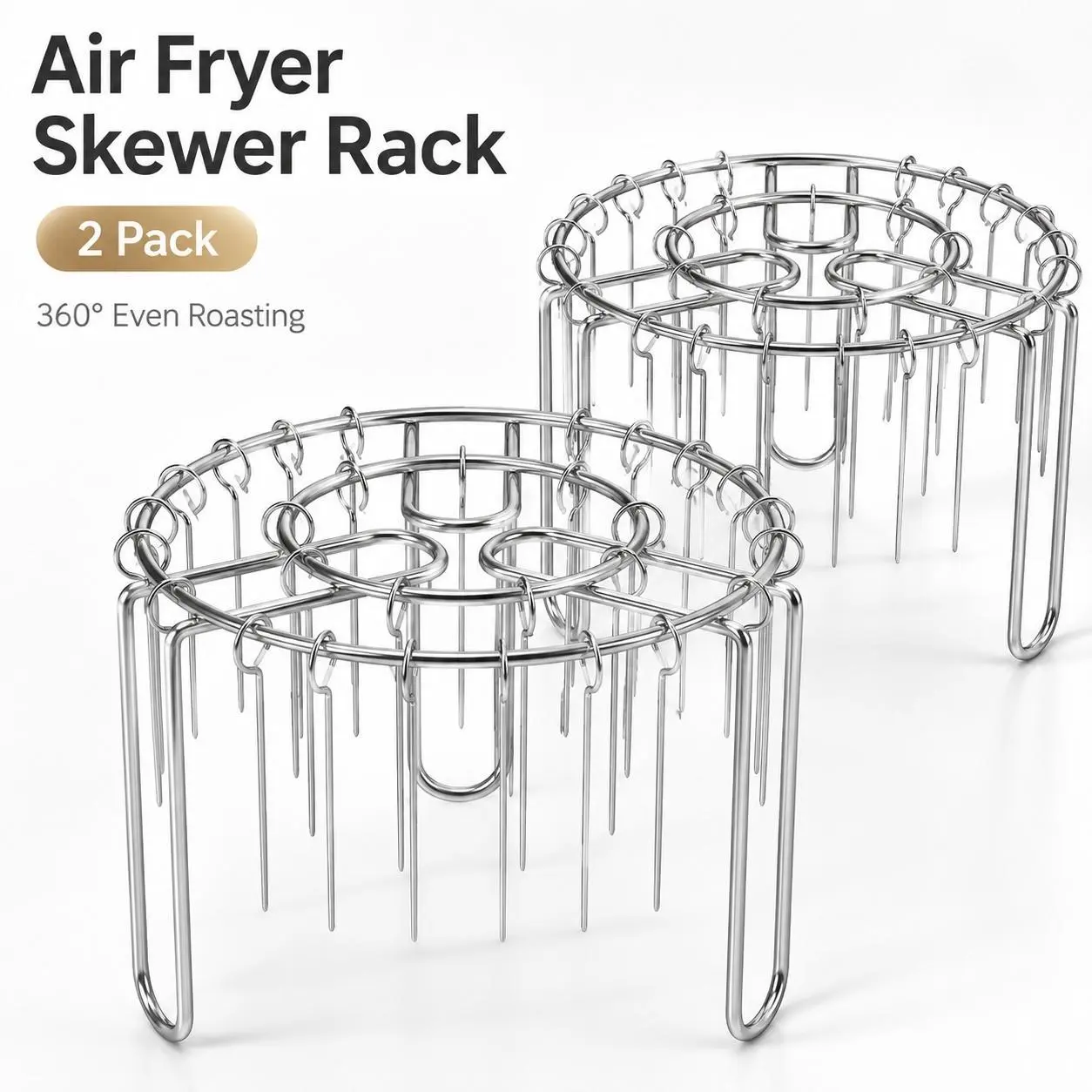 2-Pack Stainless Steel Air Fryer Skewer Rack Set - Round Shape Kebab Grill Utensils with Flat Rim for Even Heating, Heatproof for BBQ Use, Oven Safe, Dishwasher Safe, Rust Resistant for Vegetables & Meat (Camp Kitchen Essential)
