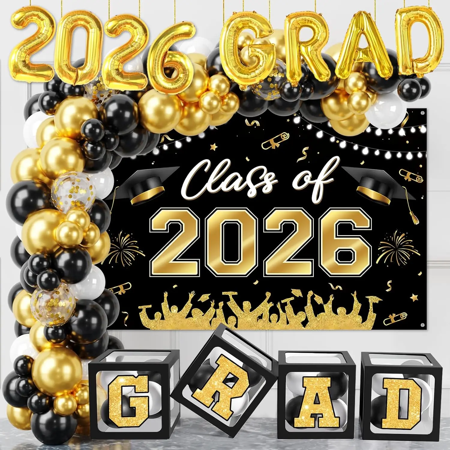 2026 Graduation Decorations Set, Black Gold Colorful Shiny Party Supplies - 123pcs Balloon Boxes with Letters, Arch Kit, Garland & Backdrop for Class of 2026 Grad, Reusable, Latex, Non Toxic, Balloon Tape, Doctorate, 2026 Black Gold, 95Pcs 4 Colors Balloo