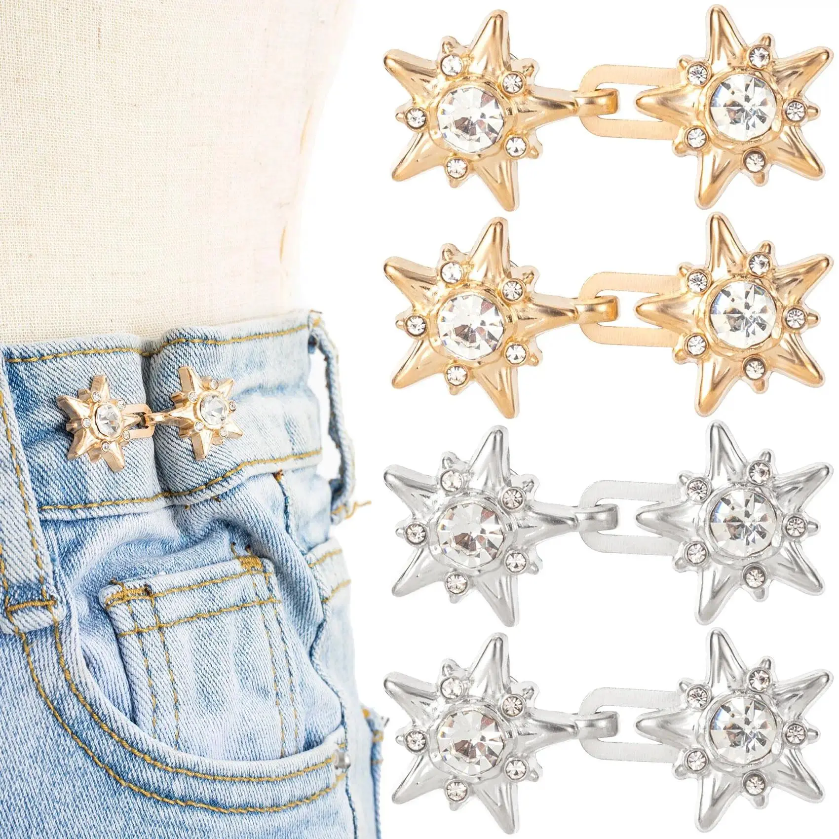 4PCS Star Design Waist Buttons, No-Sew Adjustable Jean Waist Tightener Clips, Detachable Metal Clothing Fit Adjusters for Jeans & Pants, Fashion Hack Accessories for Daily Wear