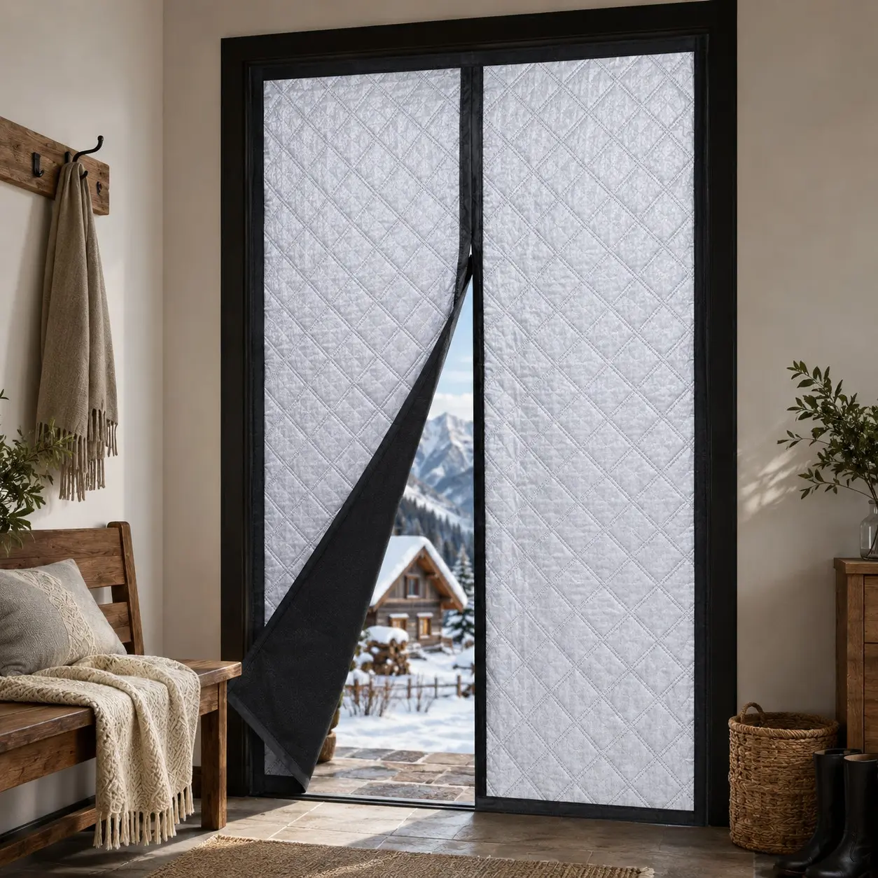 Winter Magnetic Insulated Door Curtain, Thick Windproof Cold Draft Blocker with Self-Closing Magnetic Opening, No Drill Adhesive Installation, Removable for Easy Storage