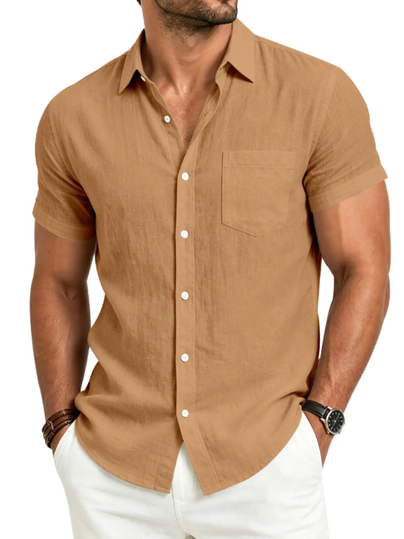 Men's Linen Short Sleeve Button Down Classic Shirt, Lapel Chest Pocket Solid Casual Top, Wrinkle Resistant Breathable Lightweight Summer Beach Vacation Shirt