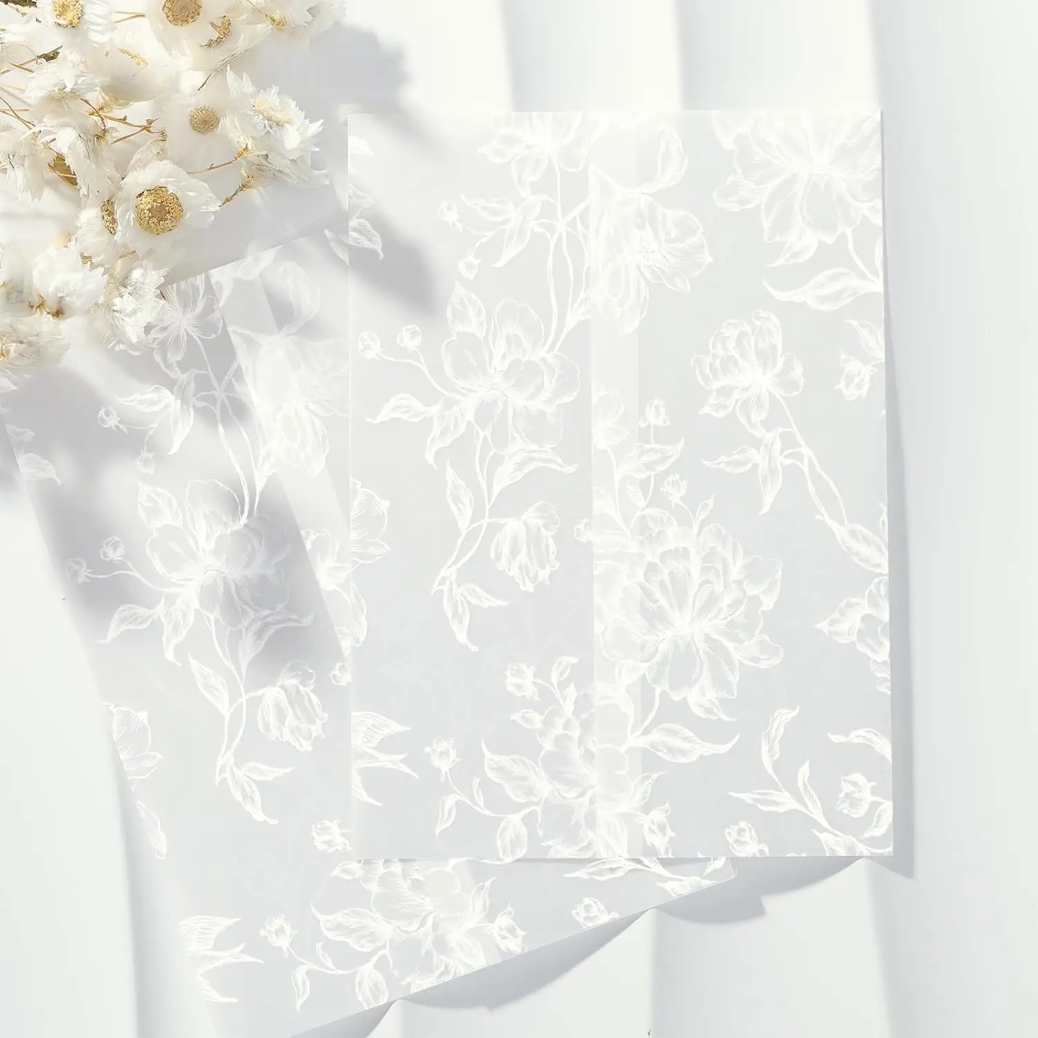 50 Pack White Grace Bloom Vellum Jackets for 5x7 Invitations, 115GSM Pre-Folded Vellum Paper, for Wedding Invitations Wraps,  Theme Wedding & Events