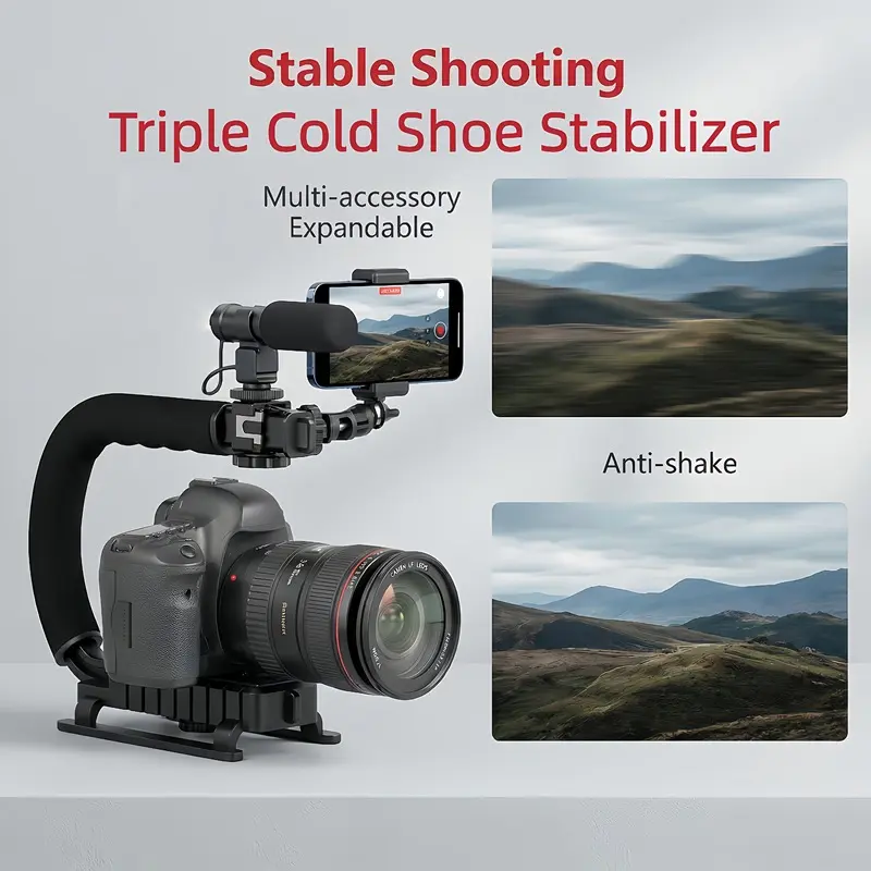 Zero-Shake Handheld Camera Rig, C-Shaped Wrap-Around Grip, Triple Cold Shoe Interface | Fatigue-Free Extended Shooting, Compatible with All Models, Universal for Vlog And Live Streaming