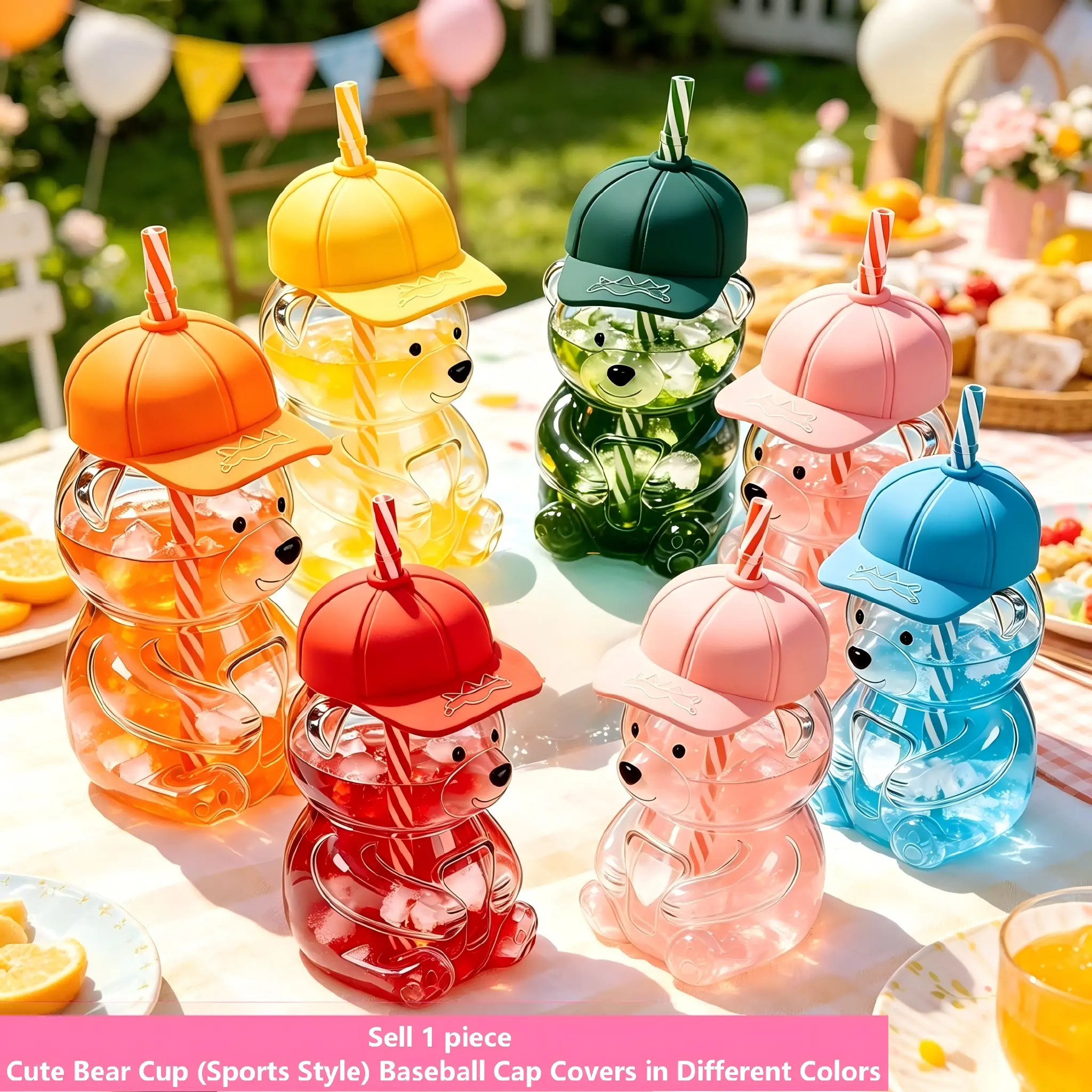 20oz Sporty Bear Straw Glass Cup With Unique Hat Lid, Portable Summer Iced Drink Tumbler