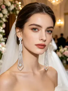 Large-sized wedding sparkly 1-piece classic-style fringed earrings. Long-style rhinestone nightclub earrings. Full-diamond earrings for formal events and banquets. Flowing fringed earrings as accessories, suitable for special occasions and parties.