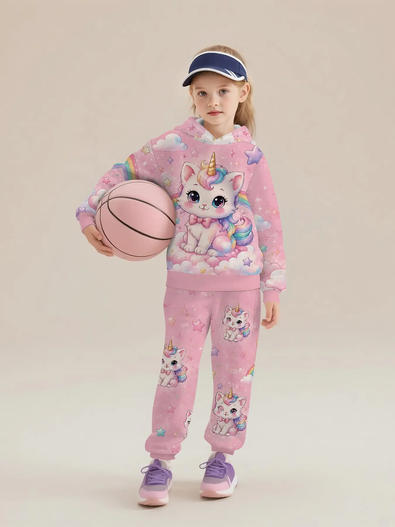 Digital printed hoodie and extended pants set featuring fluffy cloud, rainbow and unicorn kitten patterns, trendy casual kids' wear for girls, suitable for daily outings and outdoor sports, an ideal gift for girls