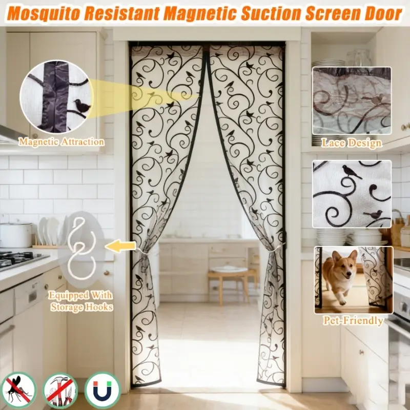 1-Piece 2D Magnetic Screen Door with Flocked Bird Print, Magnetic Closure Door, Features Side Storage Hooks, Anti-Mosquito Soft Mesh Curtain, Drill-Free Installation, Pet-Friendly, Suitable as Decorative Partition Screen for home spaces, Magnetic Doors