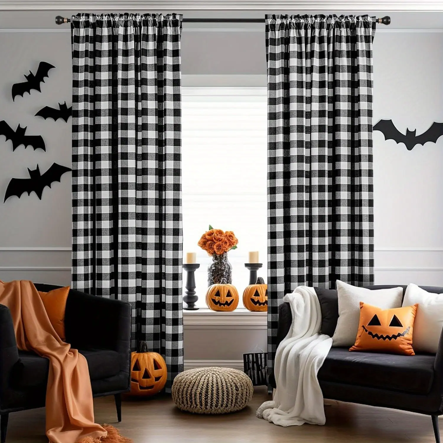 Set of 2 Buffalo Check Plaid Drapes for Living Room And Bedroom in Farmhouse Gingham Design, Made of with Rod Pocket, Semi-Sheer Black Curtains