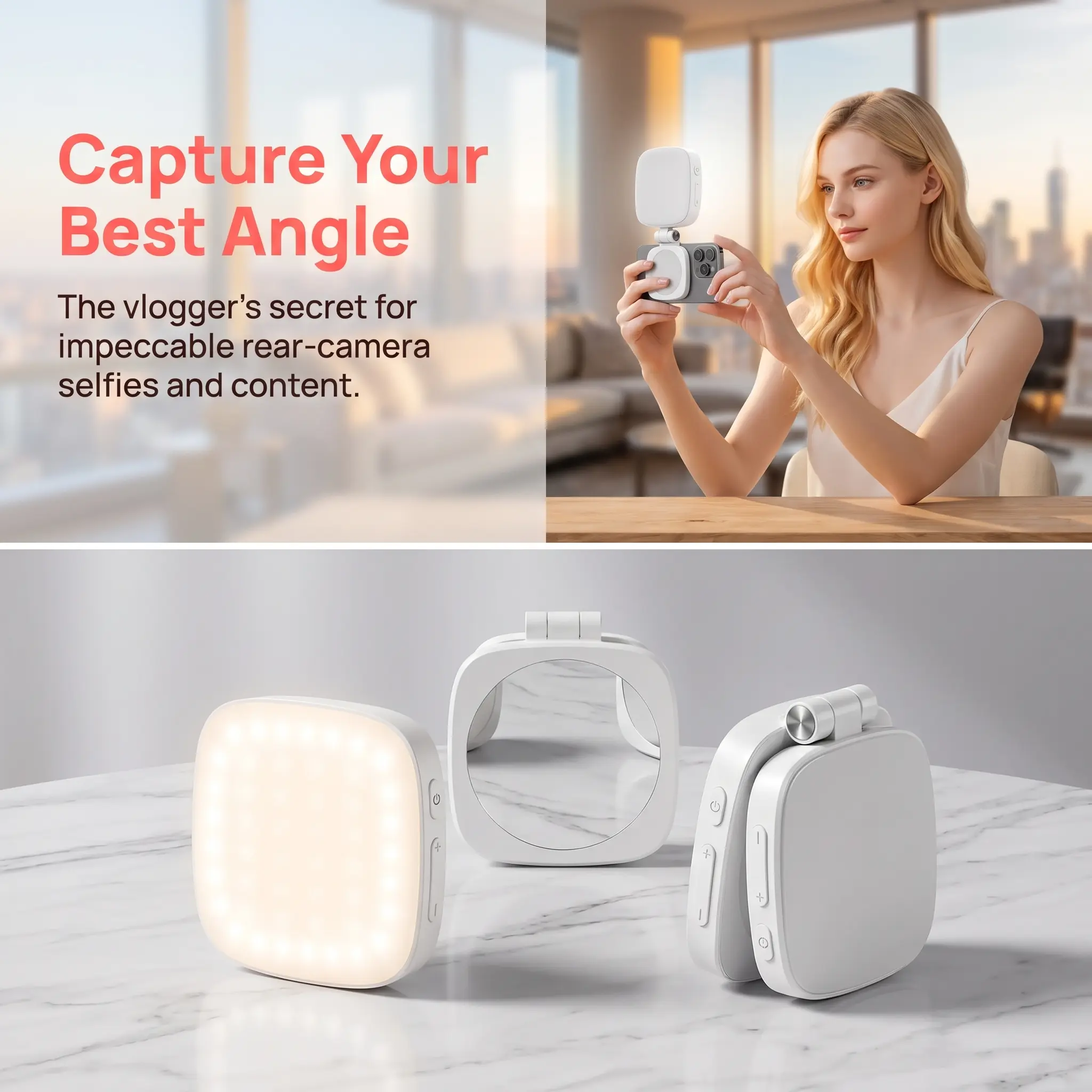 Rechargeable MagSafe Selfie Fill Light, 360 °   Rotatable Clip-On Ring Light with Mirror for Makeup, Live Streaming & Video Calls