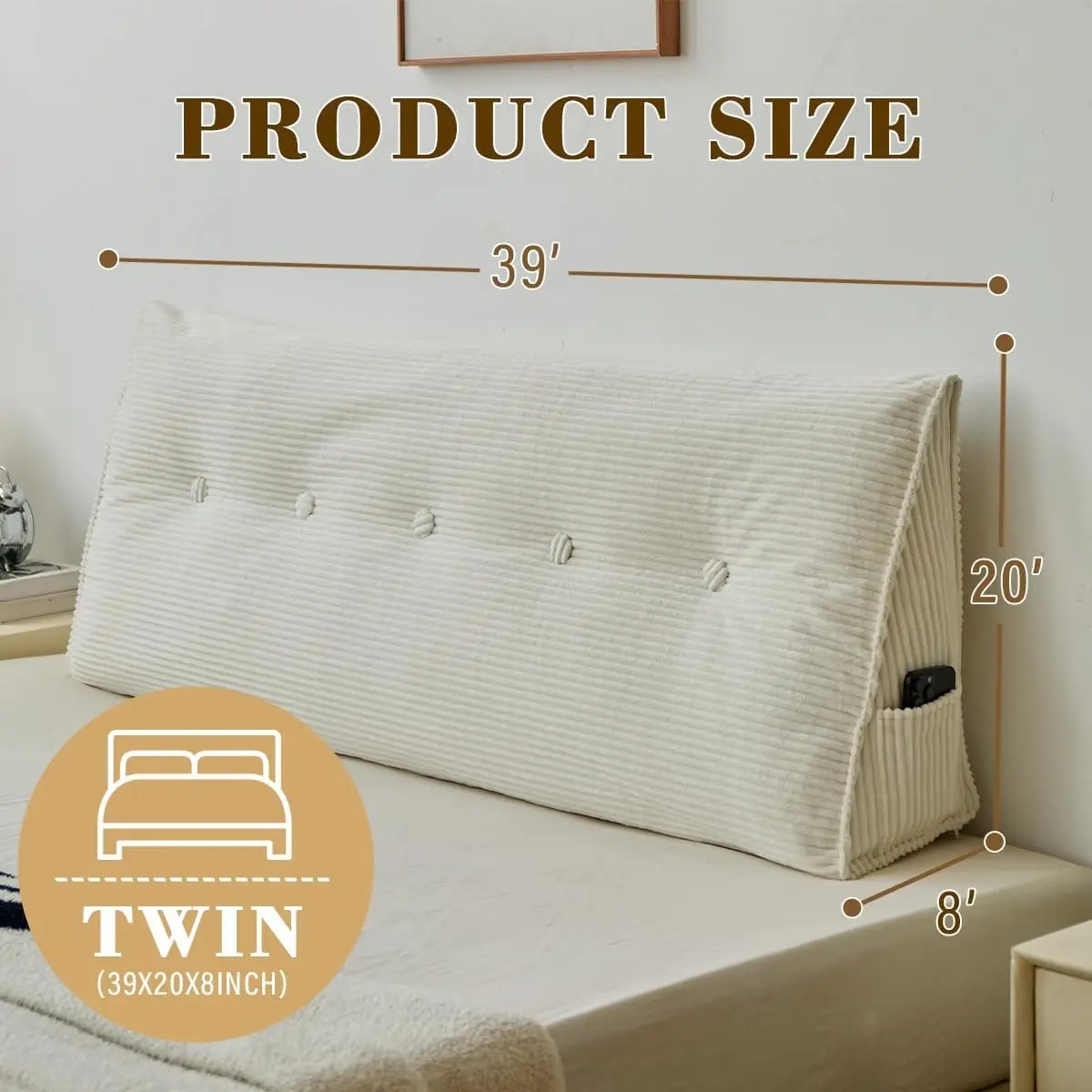 Wedge Headboard Pillow for Bed, Full Dorm Headboard Pillow Support for Sitting Up, Reading, Relaxing, Bolster Pillow with Removable Washable Cover, White Corduroy, Twin
