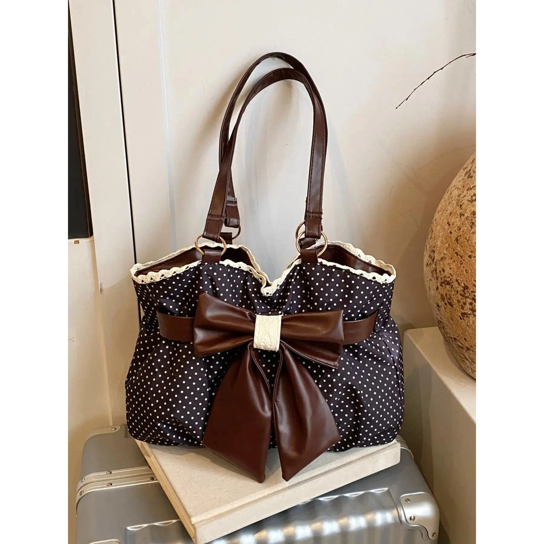Women's Vintage Polka Dot Tote Bag - Cutecore Casual Shoulder Purse with Large Bow, Lace Trim, Textured Design, Large Capacity Everyday Purse for Holiday Travel, Women's Bags & Accessories, Accessories For Women