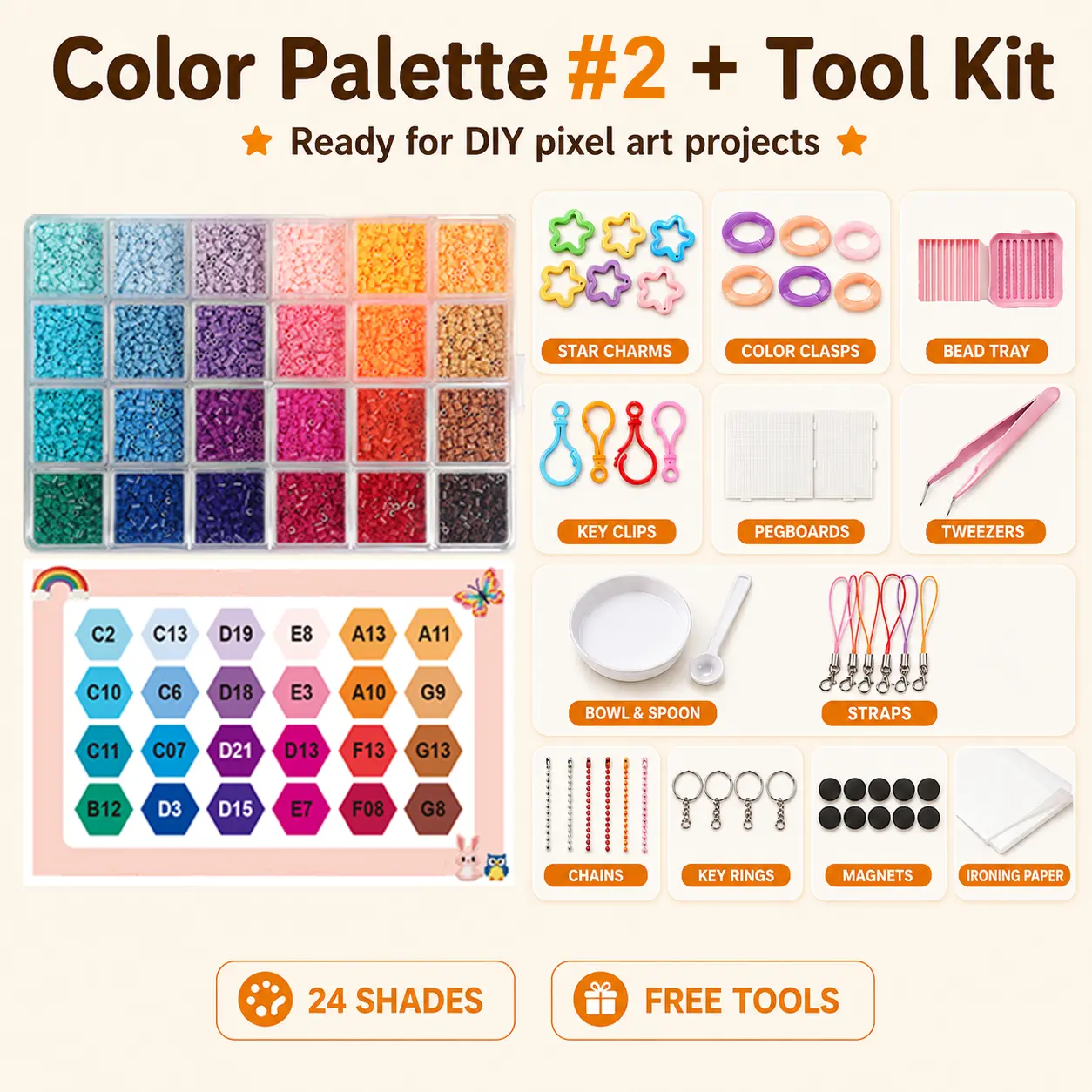 PomCraft Palette #2 Pastel Mini Fuse Beads Set - 2.6mm Soft Tone Pixel Beads with Tool Kit, Tools, Straps, Magnets, Key Rings for Teens’ Aesthetic DIY Projects, Adults, Beads Making